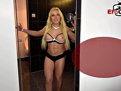 Anal sex in the bathroom with a skinny blonde with small tits