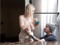 Big Tits blonde makes guy eat her breast milk and cheerios for breakfast