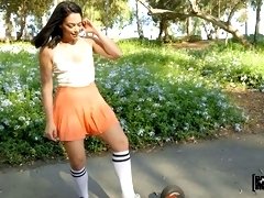 Sporty babe Sophia Burns teases outdoors and gets fucked hard