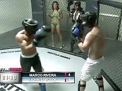 Lewd Latina ring girl Mulani Rivera gives kickboxer a good blowjob