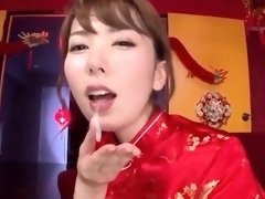 Kinky Asian wife in stockings milks hard cocks with her lips