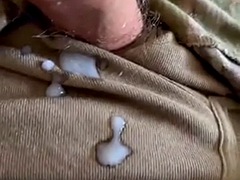 Soldier jerks off his hard cock in uniform dripping precum with hot cum