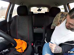 Curvy British driving student doggy style in the car